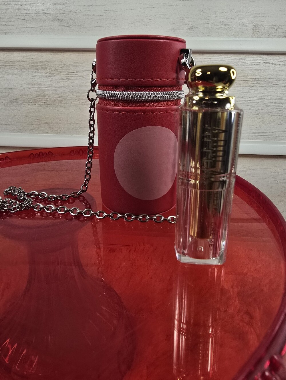 Red Cylinder Crossbody Bag with Chain Strap & lipstick set